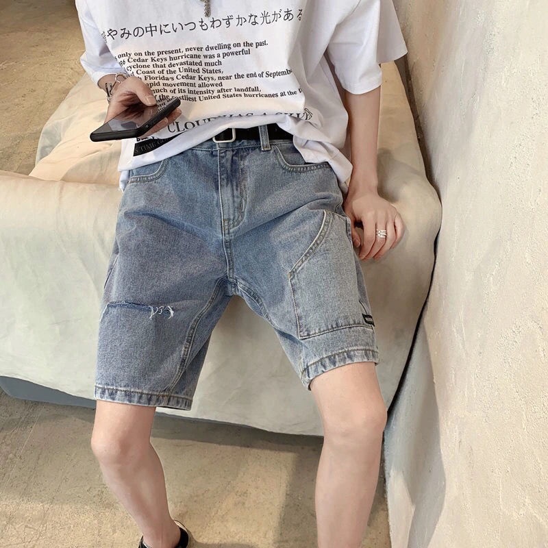 Quần Short Jean Ống Rộng Phối Rách Cá Tính Theo Phong Cách Retro Dành Cho Nam