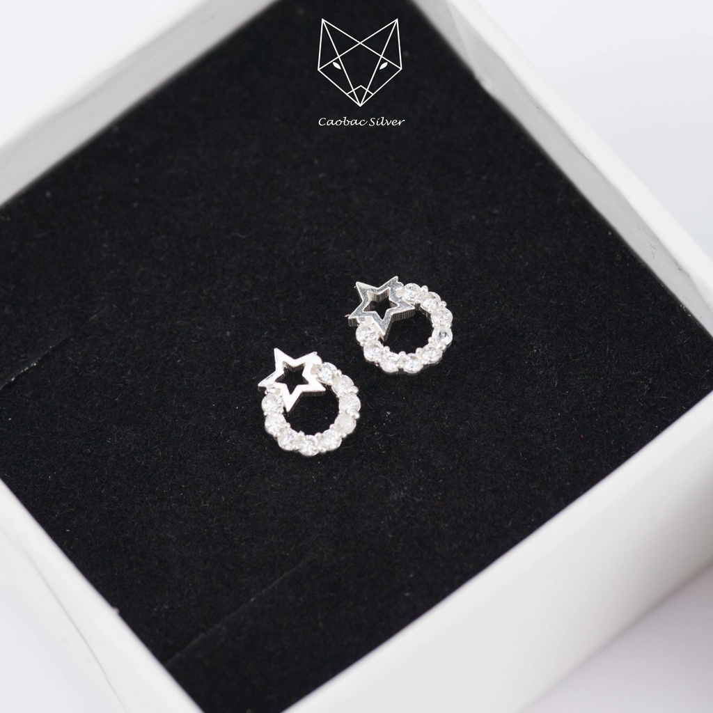 Khuyên Tai Bạc CaoBac Silver Cho Nữ Đính Đá Đơn Giản Basic Thiết Kế Tròn Rỗng Sao Đá