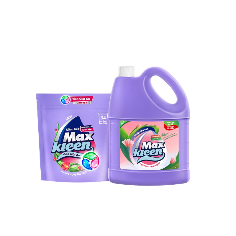 Combo Túi Viên Giặt Xả MaxKleen (34 viên/túi) + Chai Lau sàn MaxKleen Ngàn hoa ngọt ngào 3.6kg/chai