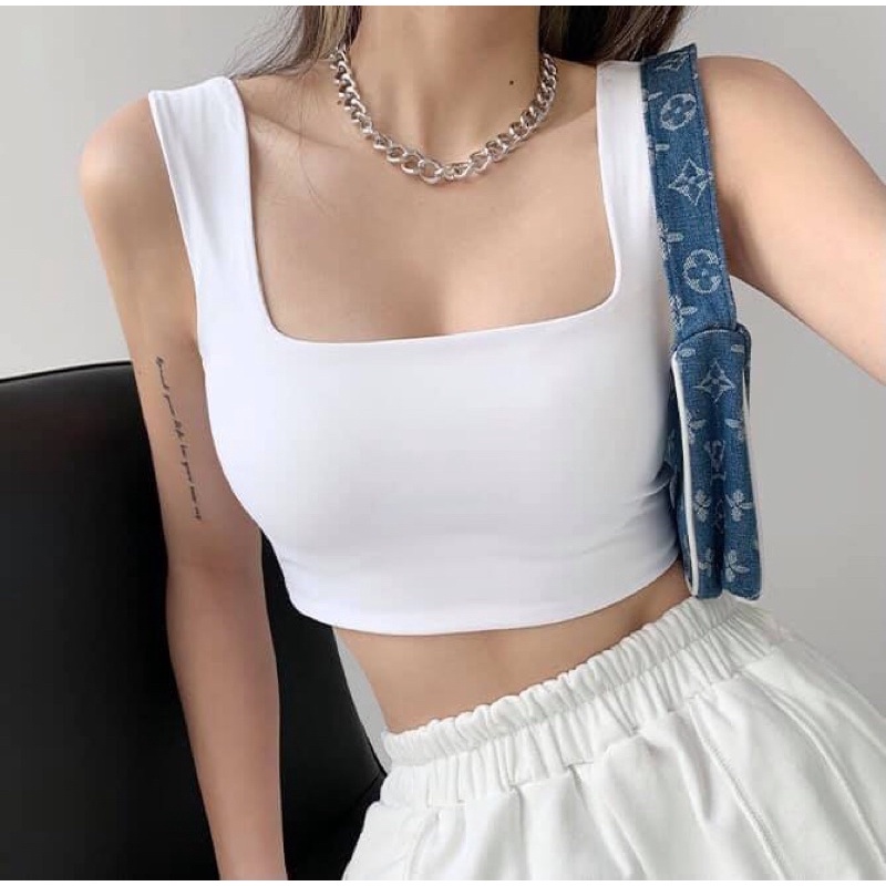 Áo croptop hai dây bản to cổ vuông, áo ba lỗ sát nách cổ vuông chất cotton bo zip co dãn Vati