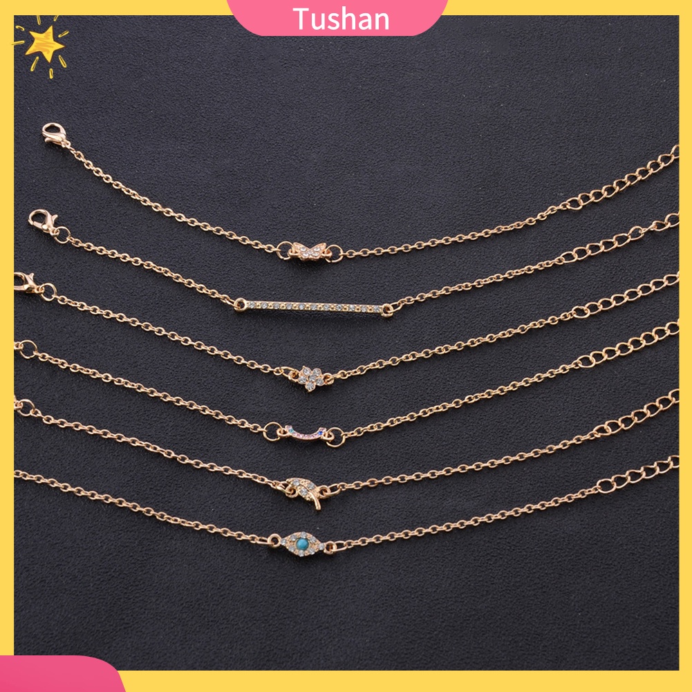 TUSH_6Pcs/Set Butterfly Leaf Evil Eye Charm Rhinestone Inlaid Women Bangle Bracelet