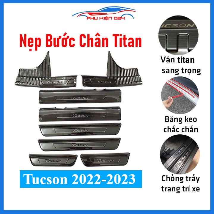 Bộ ốp bậc cửa trong ngoài nẹp bước chân Tucson 2022-2023, 2016-2017-2018-2019-2020-2021 vân Titan chống trầy xe