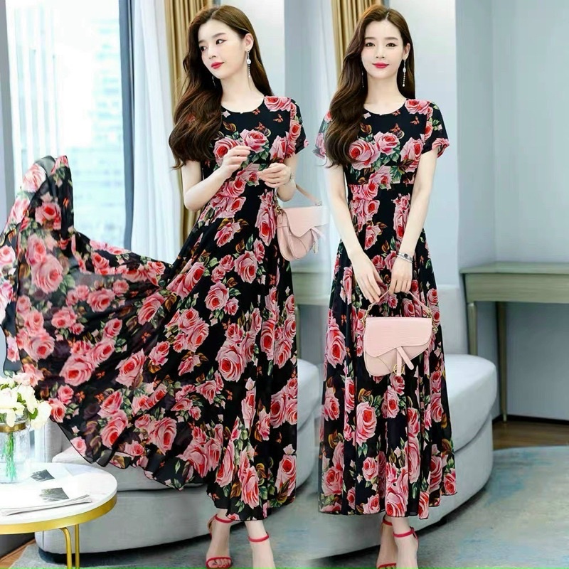 Đầm maxi hoa hồng có lót siêu sang