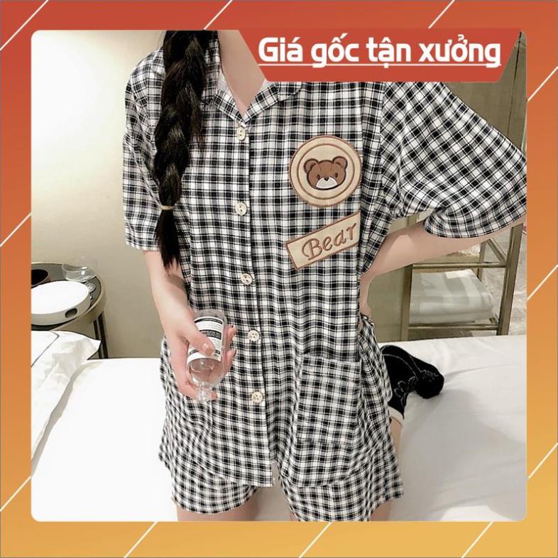 BỘ QUẦN ÁO NGỦ PIJAMAS NGẮN TAY CARO GẤU TRẮNG ĐEN MÙA HÈ