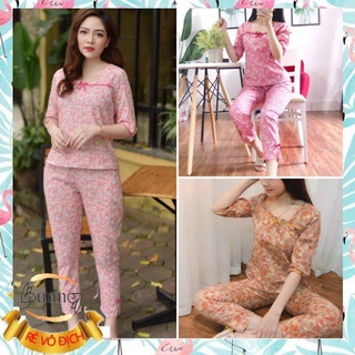 Đồ bộ mặc nhà cổ vuông tay lỡ xinh xắn họa tiết hoa lá, mặc tôn da, vải nhẹ