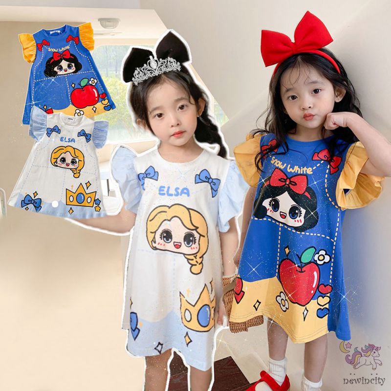 Đầm Cotton Ngắn Tay In Hoạt Hình Aisha Kiểu Hàn Quốc Đáng Yêu Cho Bé Gái