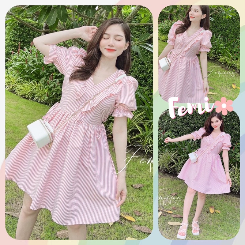 Đầm Xoè Sọc Thắt Nơ, váy kẻ sọc, váy xoè, váy thắt nơ, đầm nơ