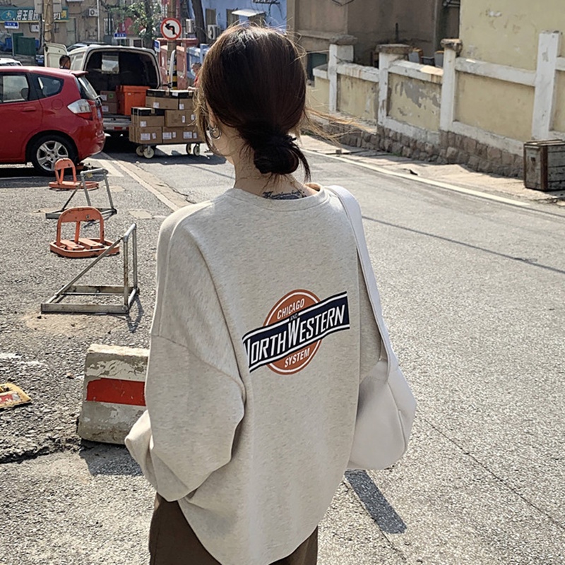 Áo Sweatshirt IELGY dài tay dáng rộng và mỏng dài trung bình in họa tiết chữ thời trang đường phố Hàn Quốc