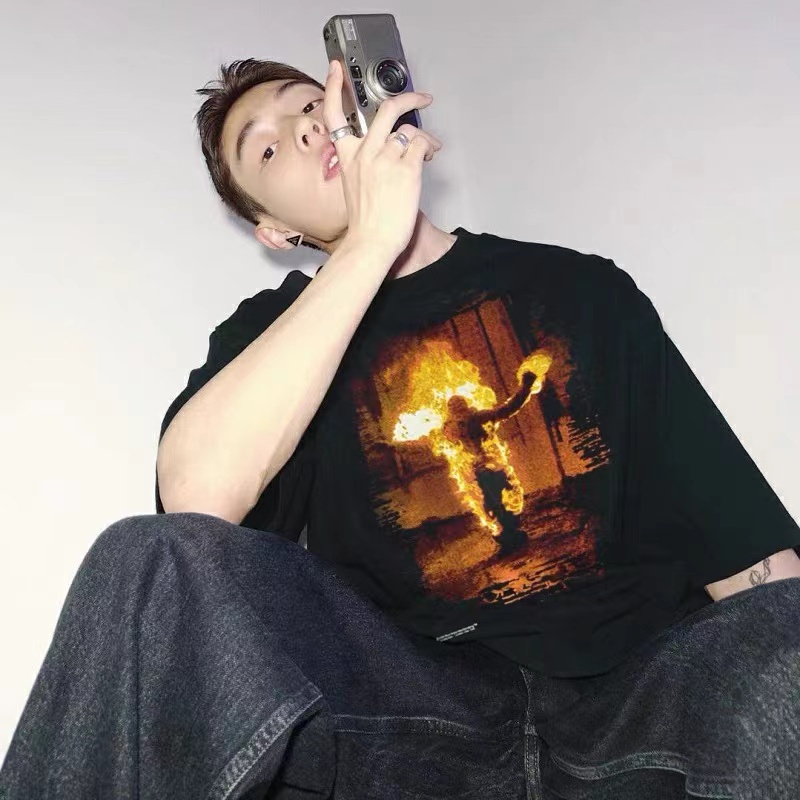 Rammstein German chariot metal band retro flame old short-sleeved VTG high street loose casual T-shirt