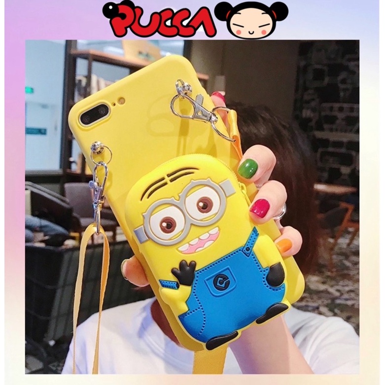 Ốp iPhone XsMax/11/11ProMax Silicon Dẻo Hình Minion Kèm Ví Và Dây Đeo
