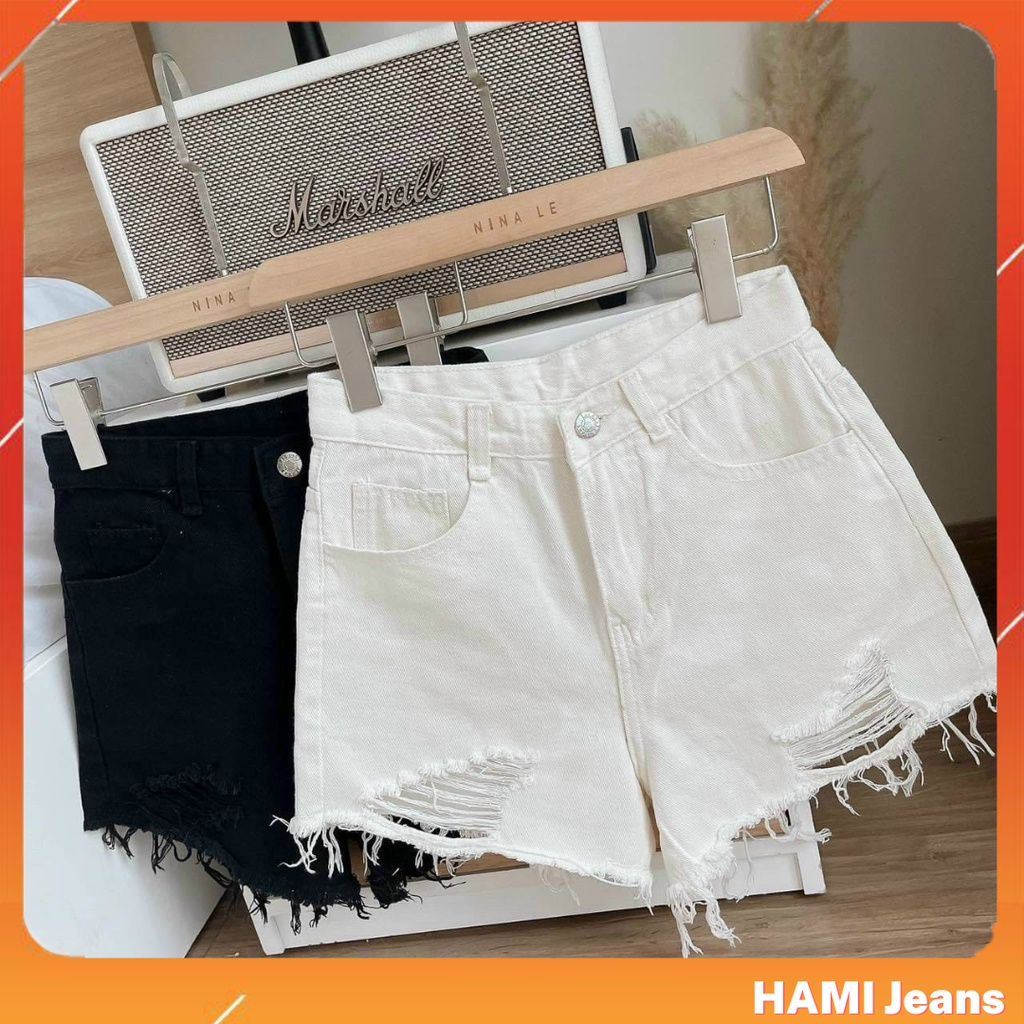Quần short jean trắng rách quần đùi jean lưng cao
