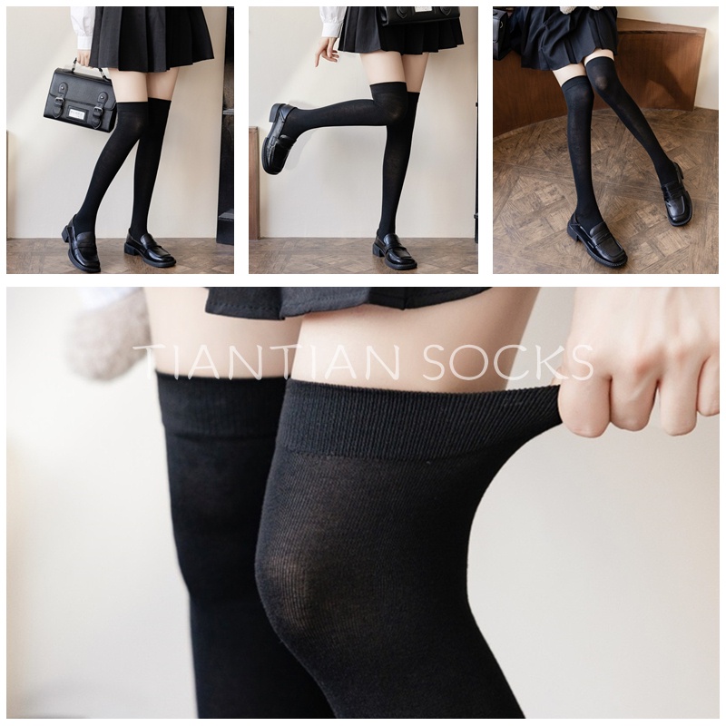 TIAN TIAN T234 Vớ Cotton Cổ Cao cổ ngắn Qua Đầu Gối Màu Trắng / Đen Thời Trang Mùa Hè Phong Cách Nhật Bản Cho Nữ