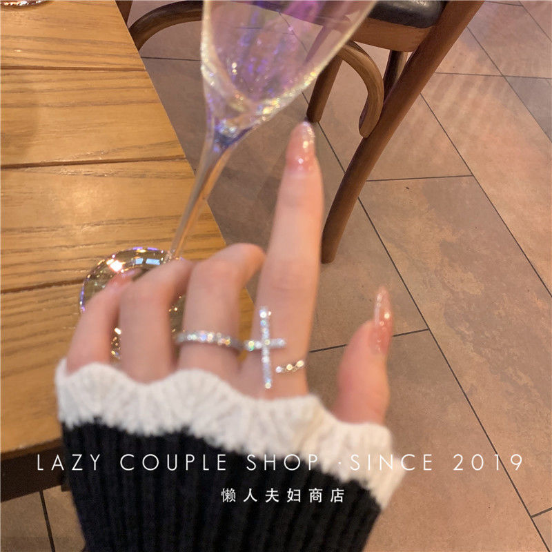 Shop Owner's Wall Push Super Cool Cold Wind Cross Diamond-Embedded Super Flash Personality Disco Open Ring for Women2021New-
