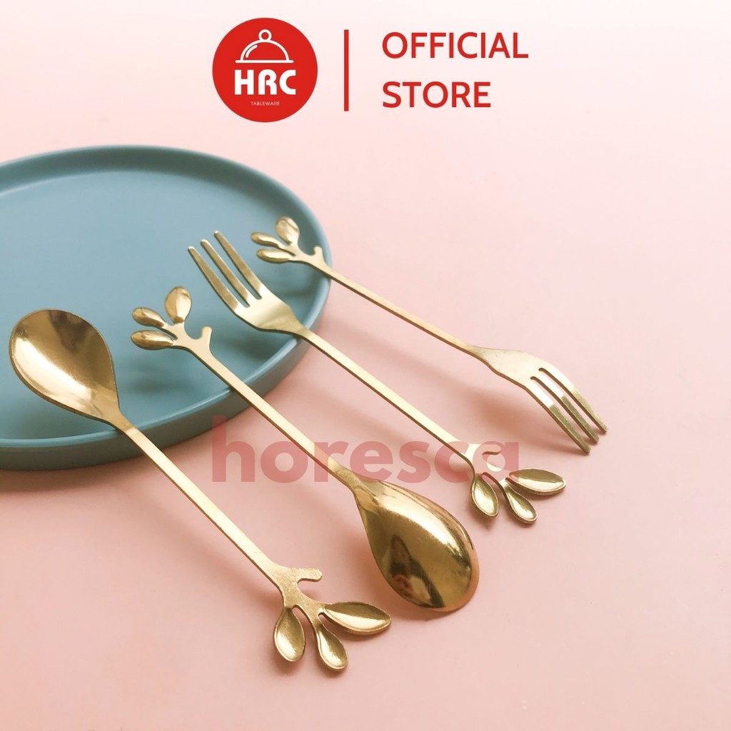 Thìa Nĩa ăn inox 304 cao cấp mạ vàng sang trọng Muỗng Dĩa cán hình lá độc đáo