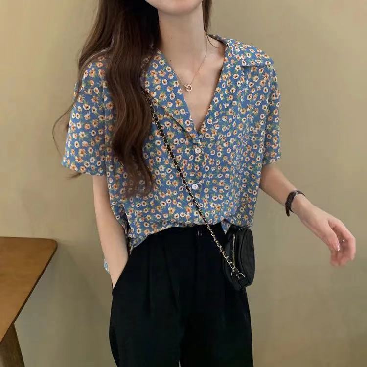 SUXI Áo sơ mi tay ngắn họa tiết hoa thời trang thanh lịch cho nữ