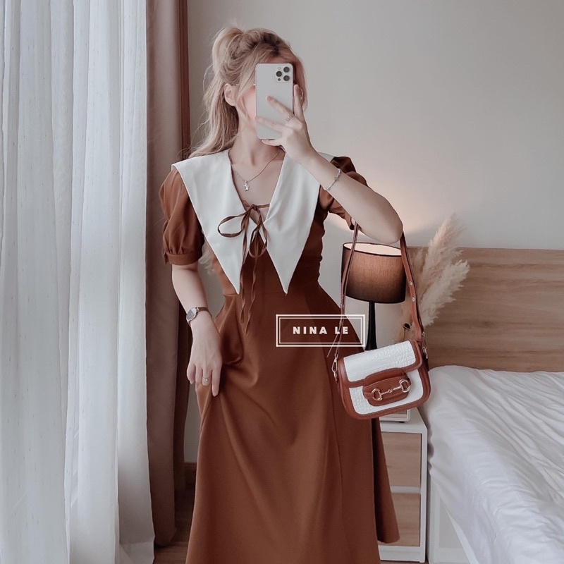 Váy Thô Cổ Trắng Thắt Nơ 3 Màu Siêu Xinh Có Ảnh Thật