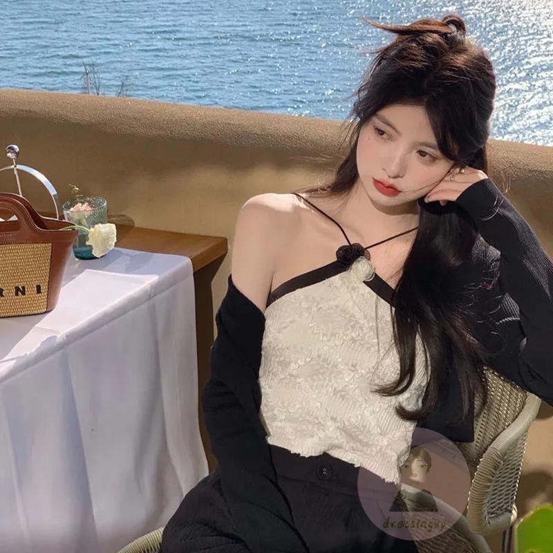 DRE-Women´s Summer Tank Tops,Camellia Embellishment Halter Sleeveless Asymmetric Slim Fit Tank Tops