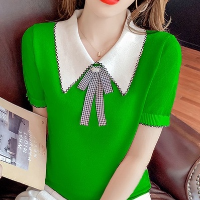 【ZHELIHANGFEI】Áo Thun Dệt Kim Tay Ngắn Cổ Búp Bê Thắt Nơ Xinh Xắn Hợp Thời Trang