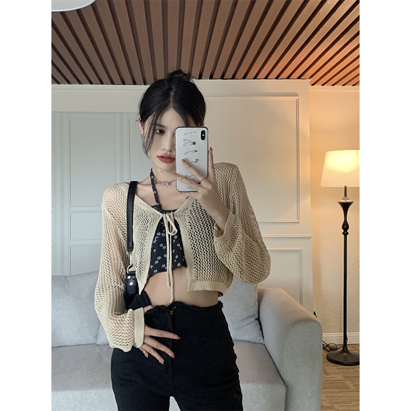 Áo khoác cardigan tay dài thắt dây/ Áo kiểu cổ yếm họa tiết hoa IHKKE thời trang mùa hè dành cho nữ