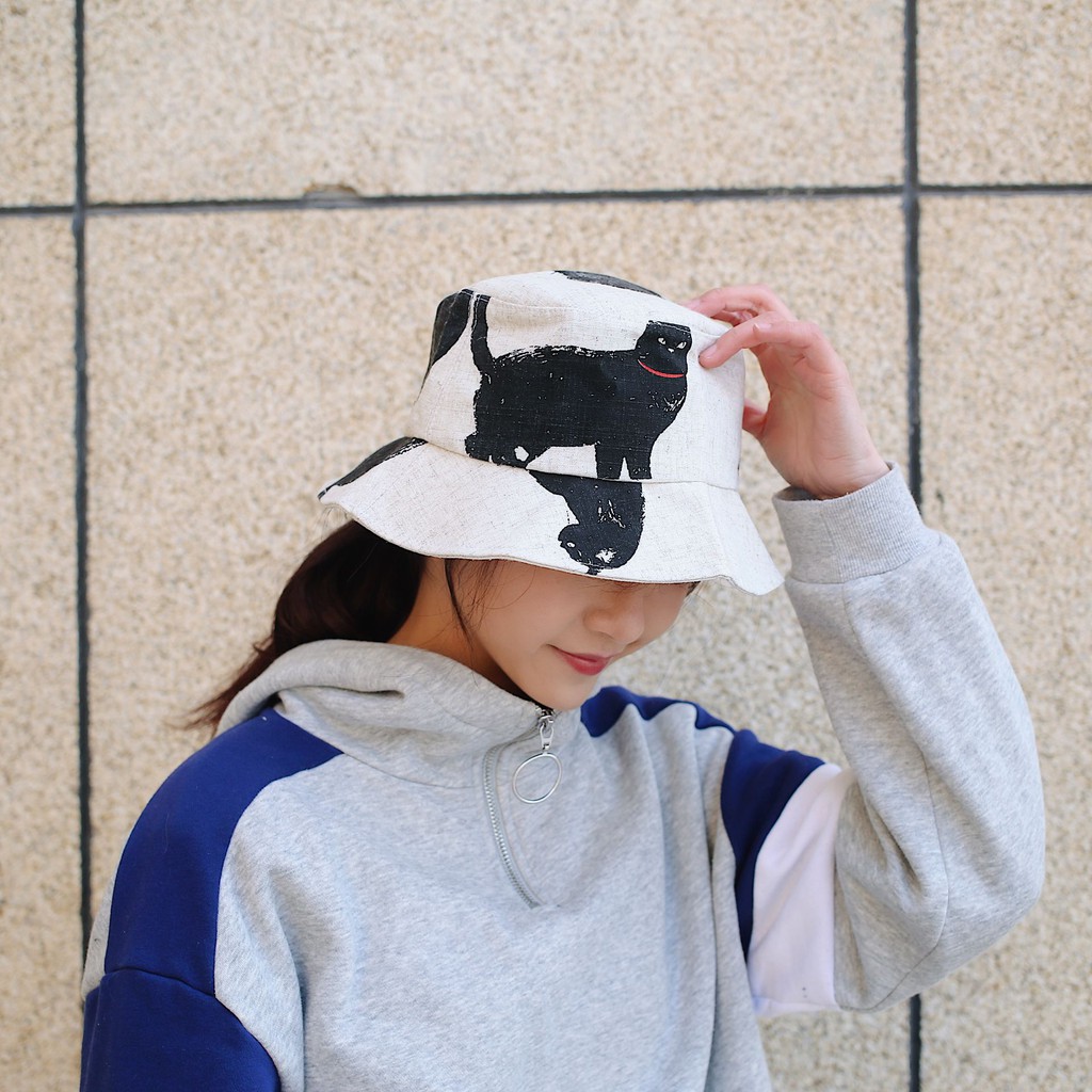 Nón Tai Bèo Vải Lanh Cotton Họa Tiết Mèo Dễ Thương Phong Cách Nhật Bản