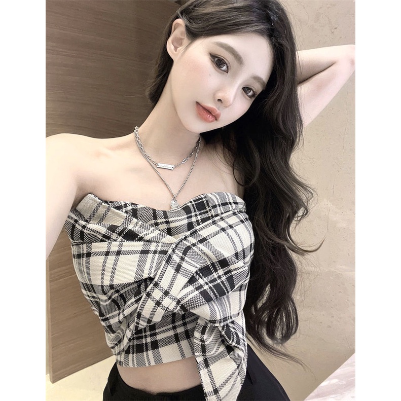 Áo Ống Thắt Nơ Họa Tiết Sọc Caro Thời Trang Mùa Hè Quyến Rũ Cho Nữ