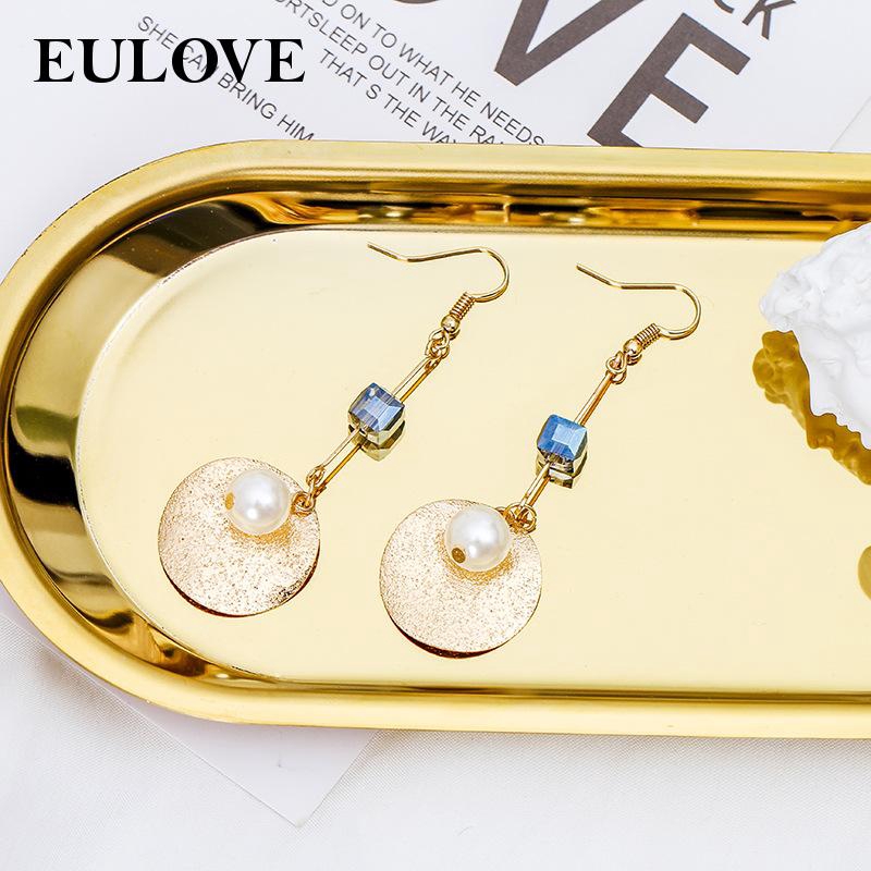 Long Earring Dangle Gold Disc Blue Rhinestone Long Disc Earring For Women Charm