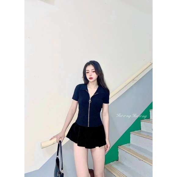 Thanh lý hàng new ao thun bó kéo khoá cổ V, Áo cộc tay cực sang chảnh diện mùa hè
