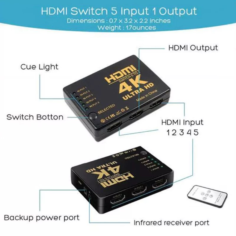 Bộ chuyển đổi Switch HDMI 4k hỗ trợ từ 5x1 hỗ trợ 5 ngõ vào như DVD, Android box, PC và 1 ngõ ra cổng HDMI xuất LCD tivi