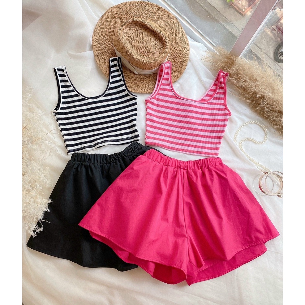 set ba lỗ sọc ngang mix quần short xòe k