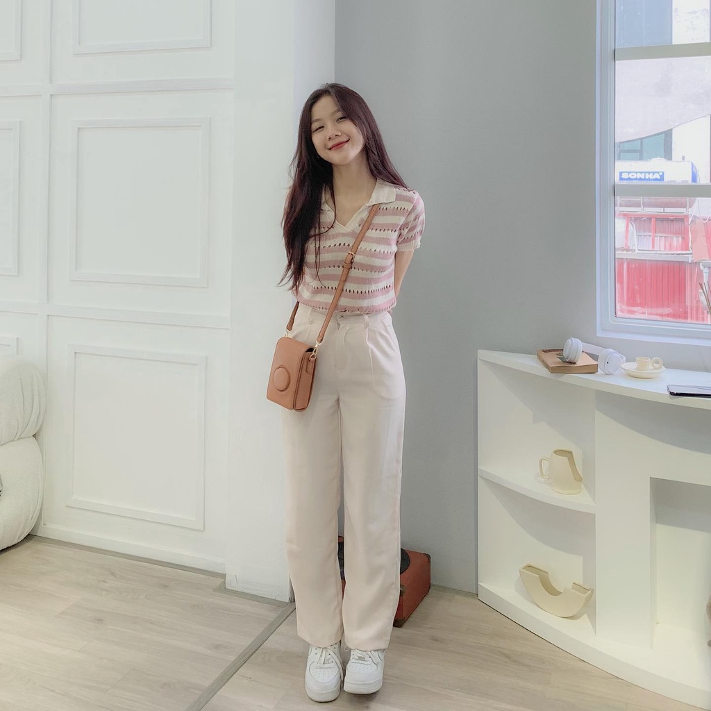XẢ HÀNG Áo len cổ V lưới kẻ ngang thời trang nữ Miho house
