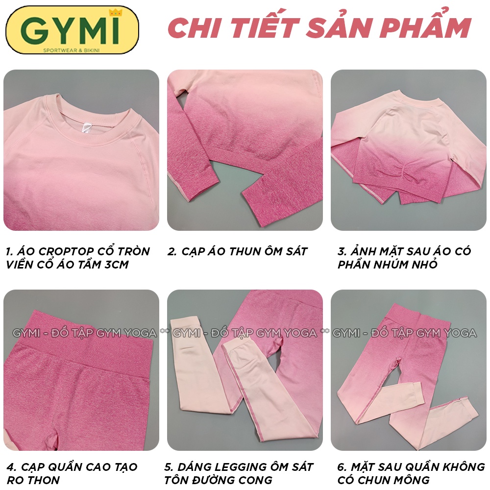 Set bộ đồ tập gym yoga nữ GYMI SET19 gồm áo croptop dài tay và quần legging thể thao chất dệt kim phối màu loang