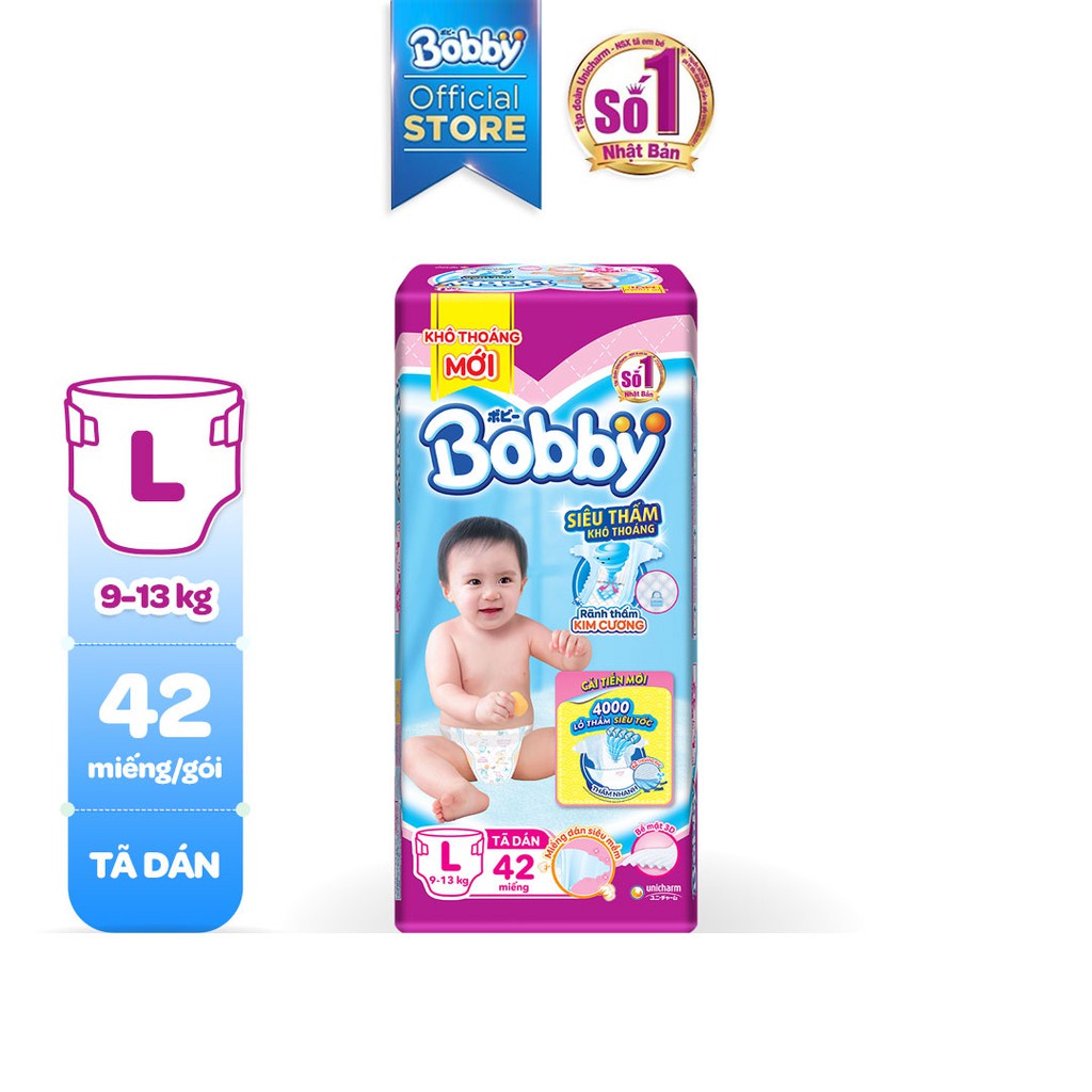 Tã Dán Bobby Siêu Thấm – Khô Thoáng XS70/S54/M48/L42/XL38