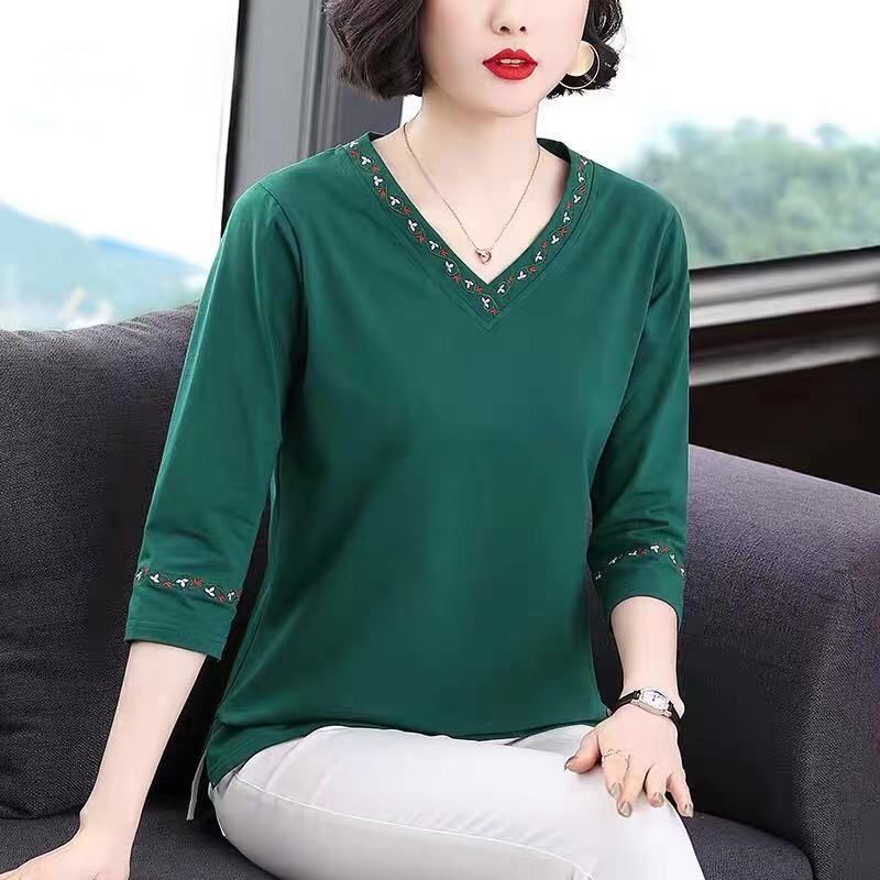 Áo Thun Cotton Tay Dài Dáng Rộng Thời Trang Cho Phụ Nữ Trung Niên