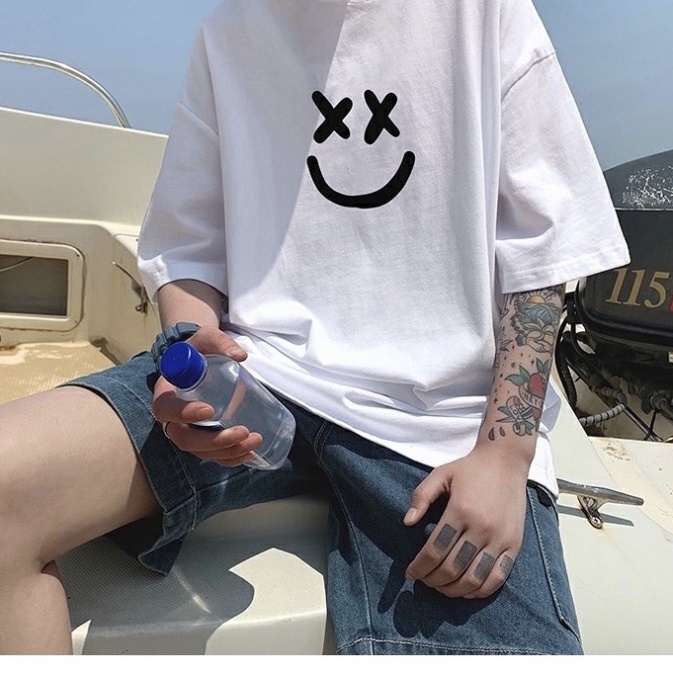 Áo thun unisex tay lỡ form rộng , áo phông nam nữ form rộng chất cotton mát mịn thấm hút mồ hôi in hình mặt cười DH005