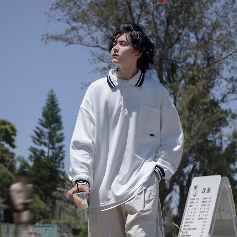 Áo Thun Polo Tay Dài Màu Trơn Đơn Giản Phong Cách Harajuku Nhật Bản Thời Trang Cho Nam