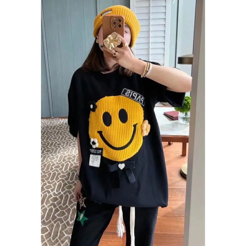 Áo Thun Tay Ngắn Cổ Tròn Màu Trơn In Hình Mặt Cười Hoạt Hình Thời Trang Mùa Hè 2022 Dành Cho Nữ