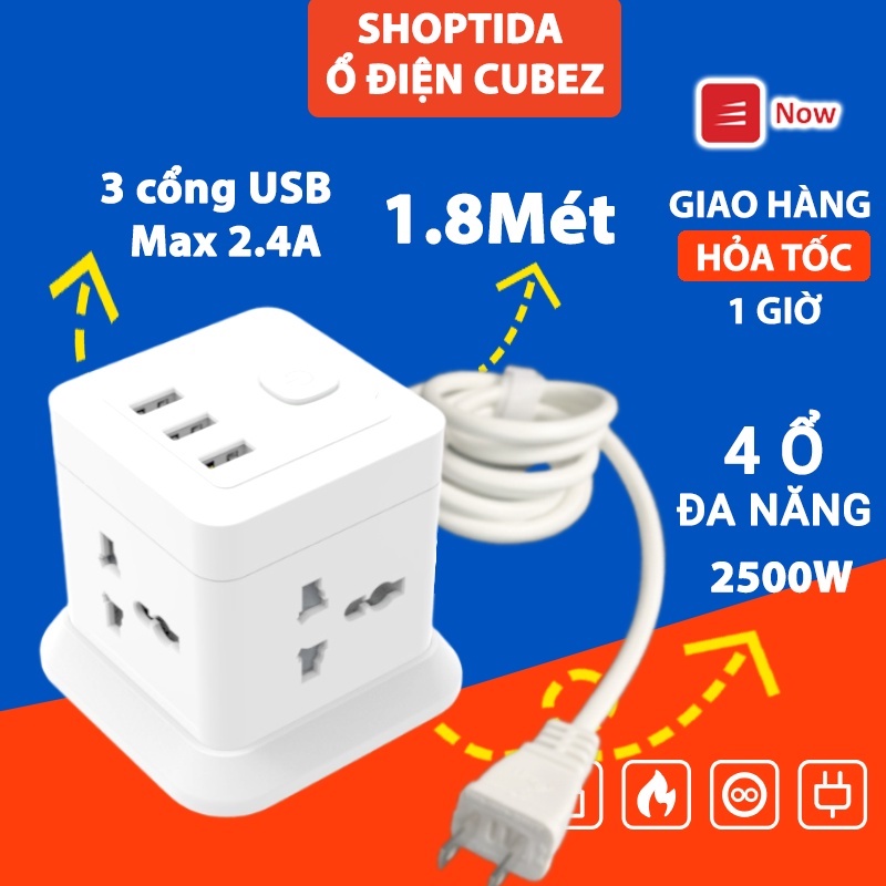 Ổ Cắm Điện Đa Năng CubeZ Shoptida sạc tối đa tổng 12W và 4 Ổ Điện chịu tải 2500W Dây nối dài 1.8m