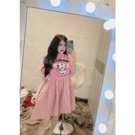 Đầm babydoll viền bèo in hình baby form rộng bầu bì bon chen che bụng che đùi big size siêu xinh