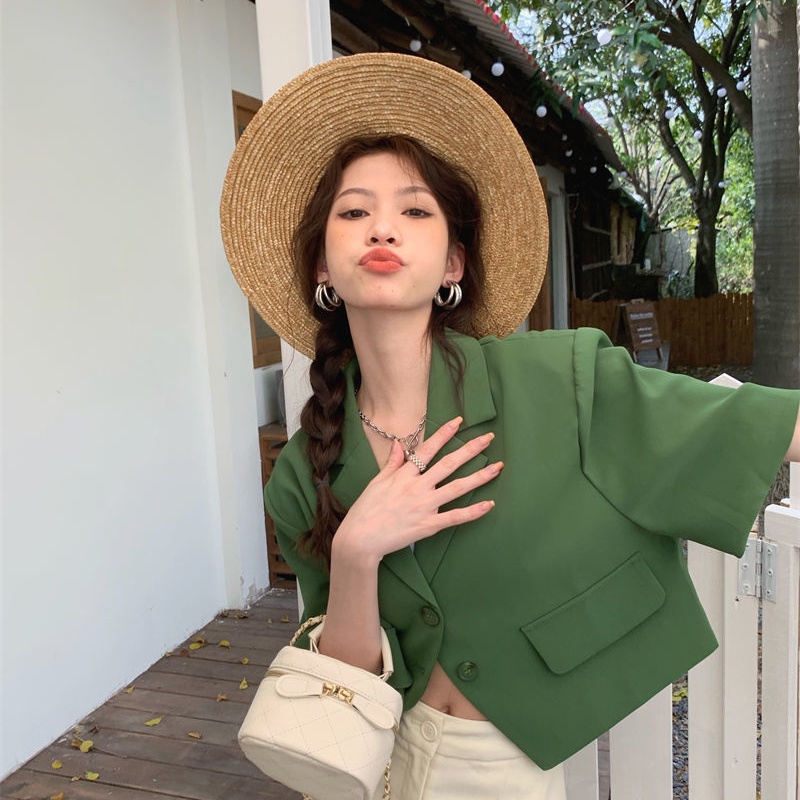 Áo khoác SUXI tay ngắn màu trơn dáng rộng phong cách Hàn Quốc dành cho nữ