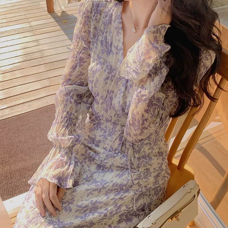 Váy maxi hoa dài tay voan nữ tính