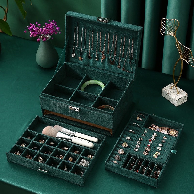 Hộp Đựng Trang Sức Bằng Nhung 3 Tầng Có Khoá Chống Trộm Phong Cách Retro Trung Hoa Cao Cấp