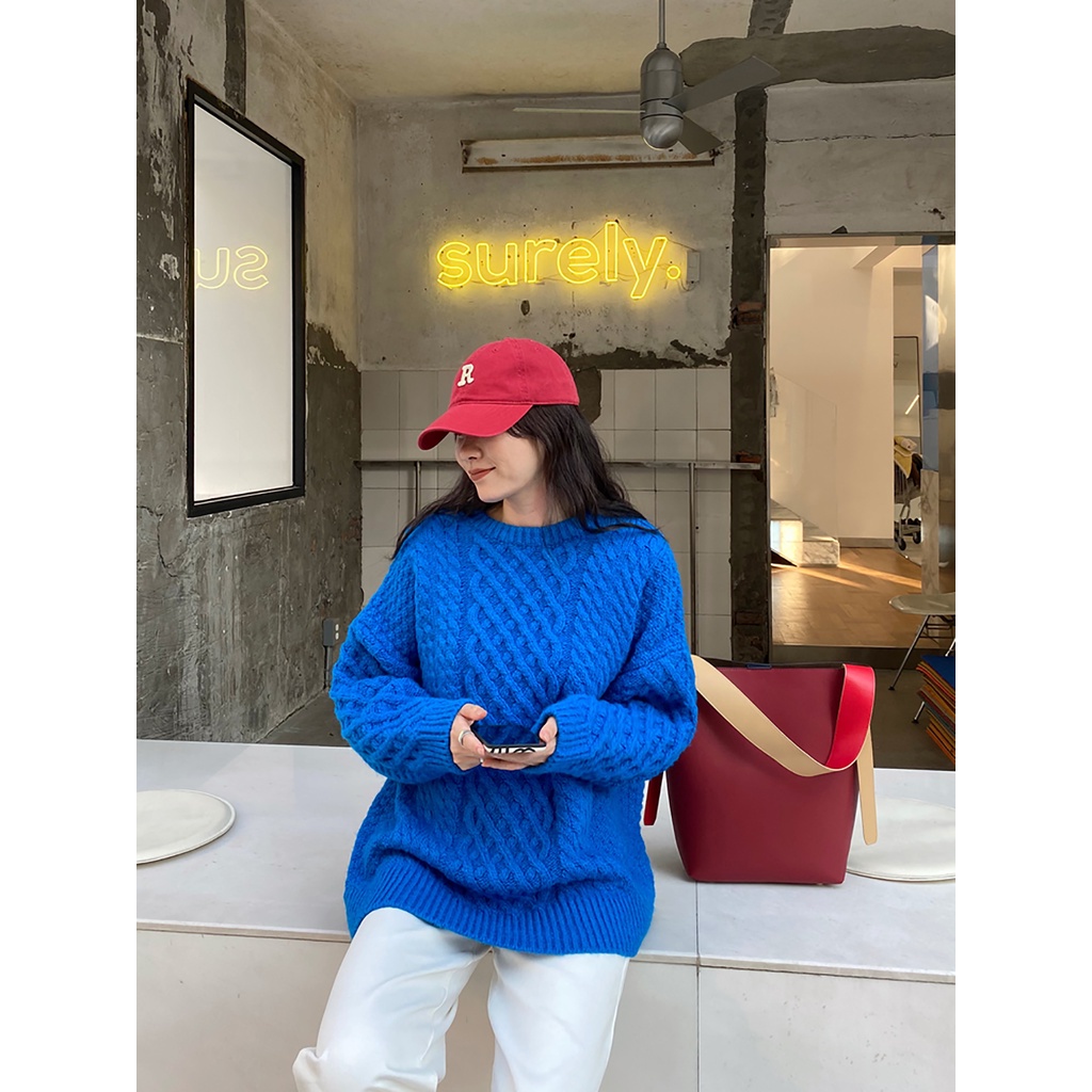 DUNEA Áo Sweater Dệt Kim Dáng Rộng Màu Xanh Dương Phong Cách Hàn Quốc Cho Nữ