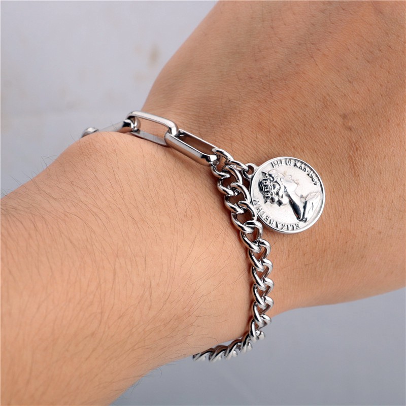 Vòng tay chain đính kèm đồng xu Elizabeth II - Thép Titan 316L Không gỉ