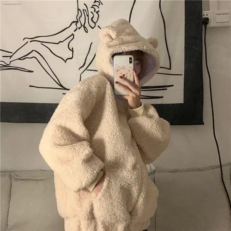 Áo khoác cardigan giả lông cừu phối nhung hình tai gấu dễ thương thời trang thu đông cho nữ