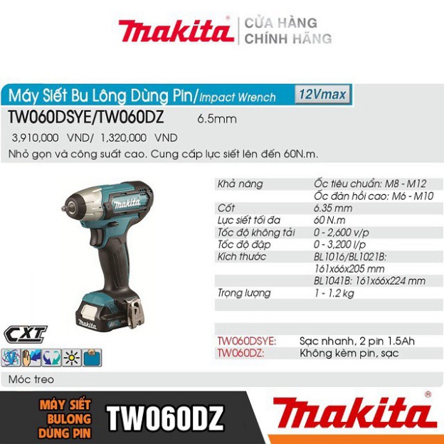 [Chính Hãng] Máy Siết Bu Lông Dùng Pin Makita TW060DZ (12V-Không pin sạc) Bảo Hành Tại Các TTBH Toàn Quốc