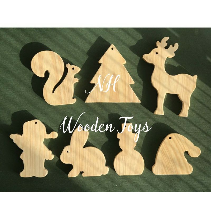 Set Gỗ Tô Màu 7 Món Noel - Bộ 7 Gỗ Thông Tự Nhiên Chưa Tô Màu, Gỗ Trang Trí Noel Dày 1,5cm, Tặng 8 Màu và Cọ - Thỏ Sồi