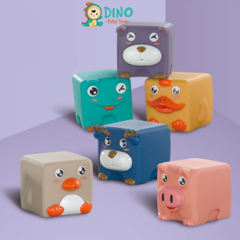 Đồ chơi khối lập phương bằng cao su mềm, đồ chơi nhà tắm hình động vật đáng yêu cho bé Dino