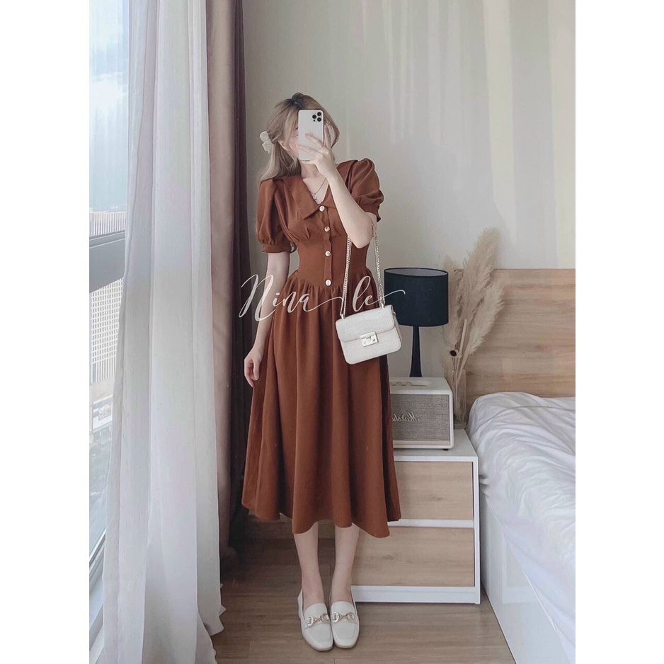 Đầm váy nữ maxi umi cổ nhọn họa tiết ống tay phồng tôn dáng trẻ trung sang trọng thanh lịch siêu xinh