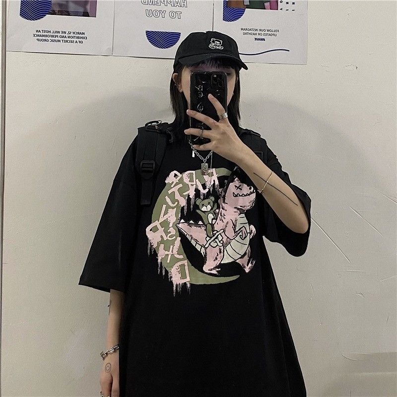 [L&Q]                    2021 New Summer Short-sleeved Female Student Han Harajuku Style Retro All-match T-shirt Oversized Shirt for Women Tops