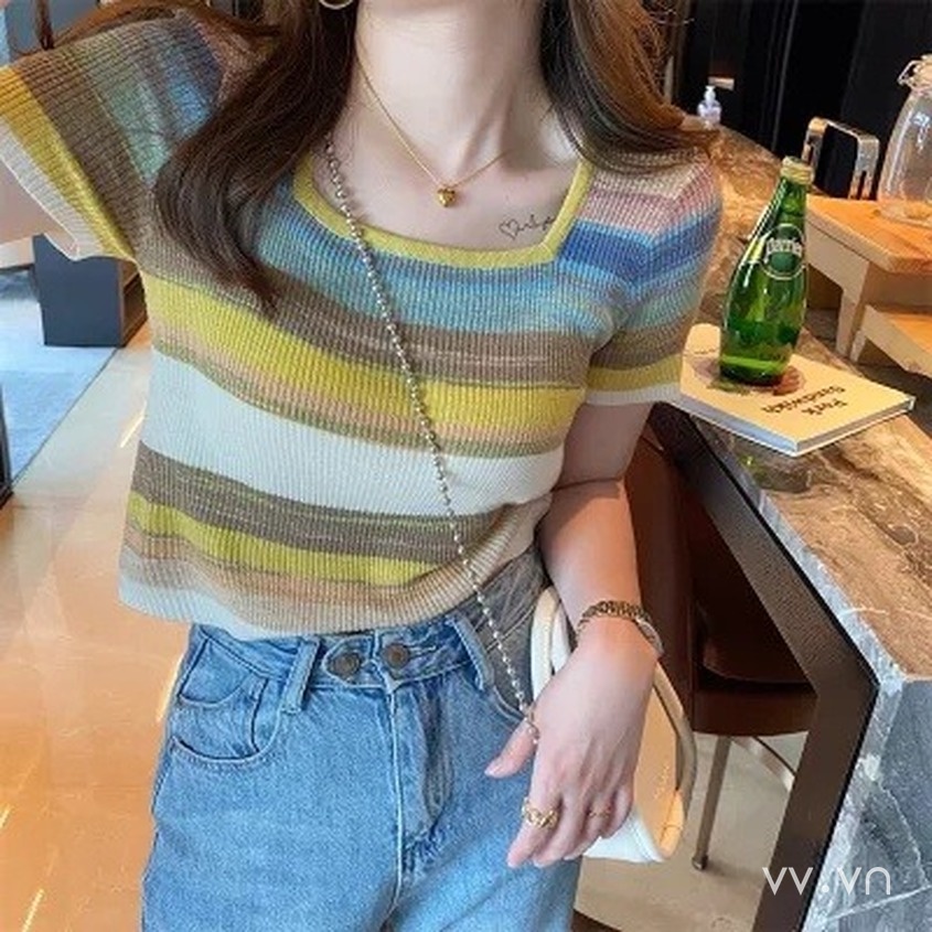 Áo Thun Dệt Kim Ngắn Tay Dáng Ôm Họa Tiết Kẻ Sọc Cầu Vồng Phong Cách Hàn Quốc Cho Nữ